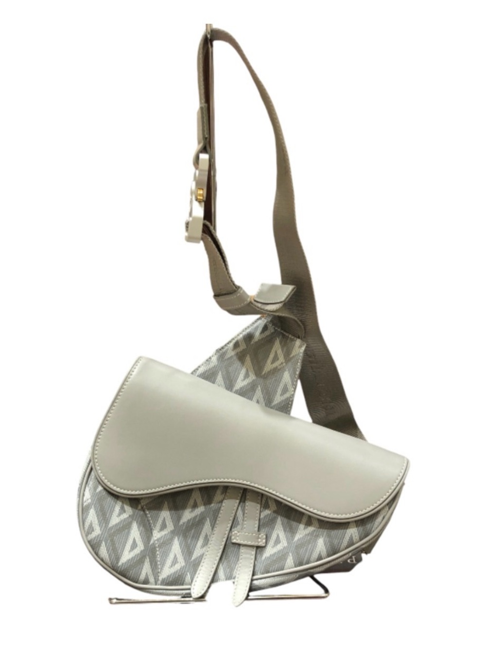 Christian Dior Diamond Saddle Bag Canvas Shoulder Bag Gray